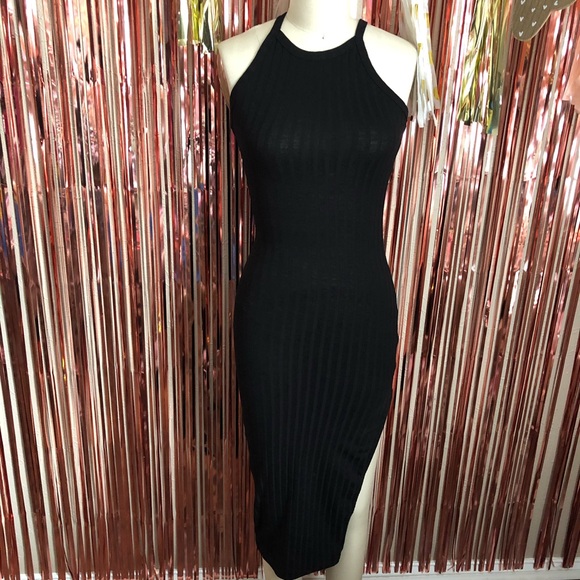 Black Sheer Knit Slit Dress - Picture 1 of 7